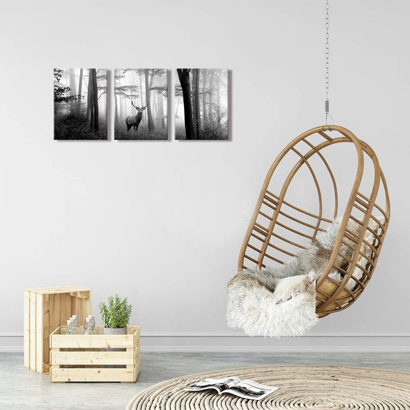 Visual Art Decor Black and White Wall Art Deer in Autumn Foggy Forest Picture Indeer Elk Stag Canvas Prints for Home Living Room Bedroom Wall Decoration Ready to Hang - Image 2